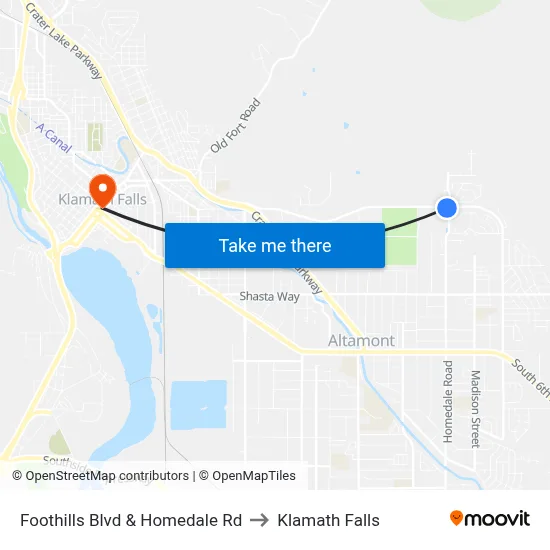 Foothills Blvd & Homedale Rd to Klamath Falls map