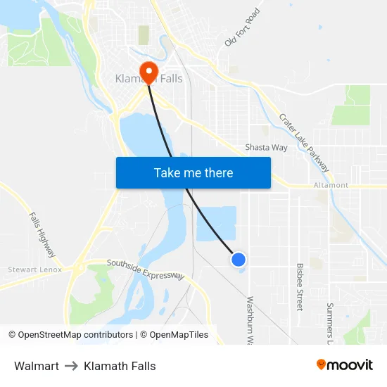 Walmart to Klamath Falls map