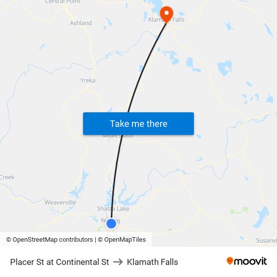 Placer St at Continental St to Klamath Falls map