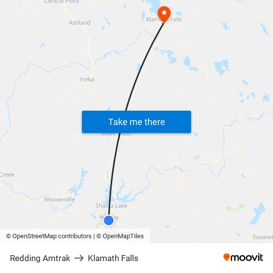 Redding Amtrak to Klamath Falls map