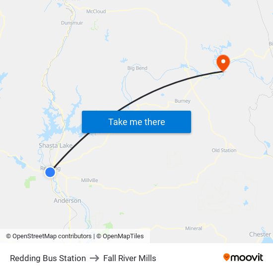 Redding Bus Station to Fall River Mills map