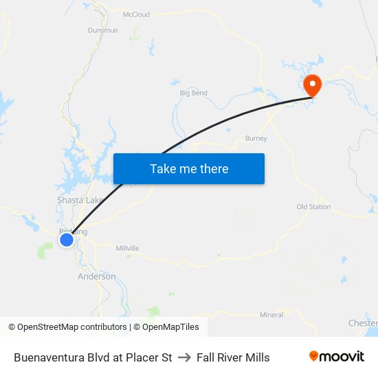 Buenaventura Blvd at Placer St to Fall River Mills map