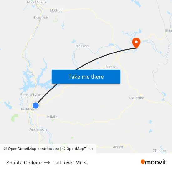Shasta College to Fall River Mills map