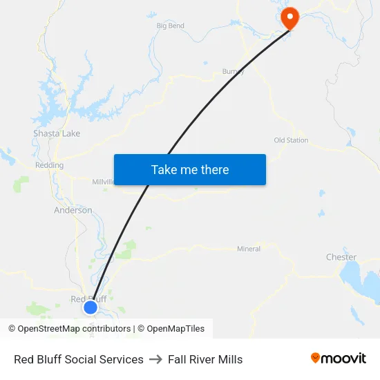 Red Bluff Social Services to Fall River Mills map