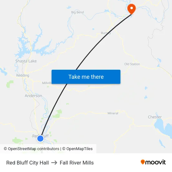 Red Bluff City Hall to Fall River Mills map