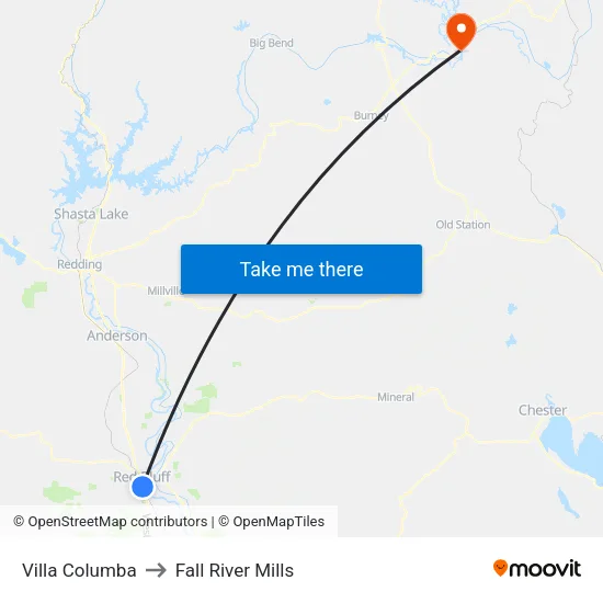 Villa Columba to Fall River Mills map