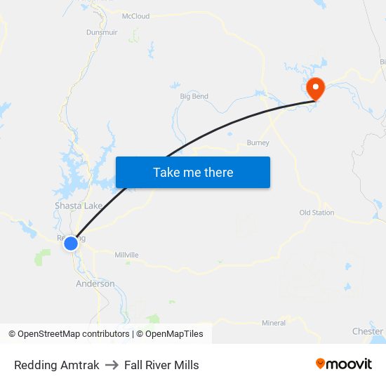 Redding Amtrak to Fall River Mills map