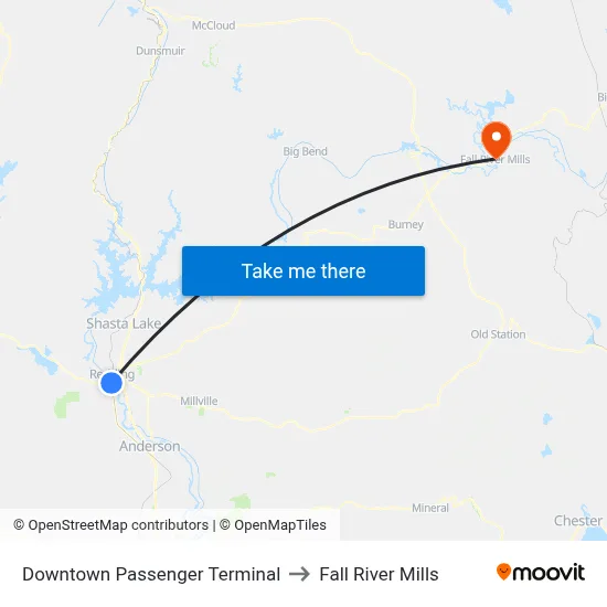 Downtown Passenger Terminal to Fall River Mills map