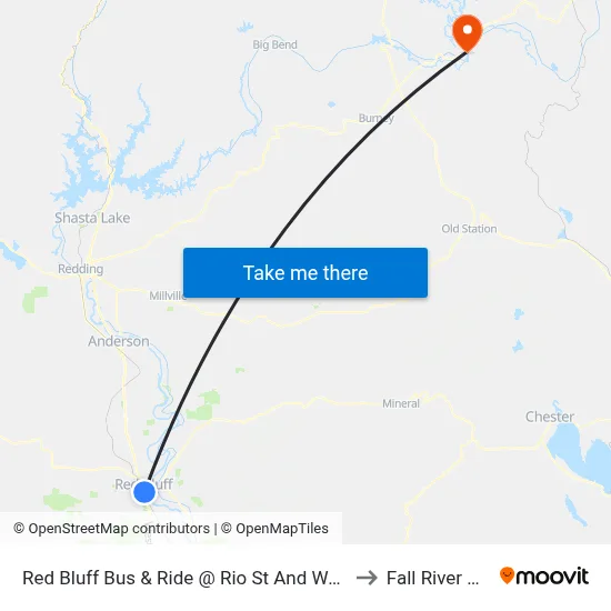 Red Bluff Bus & Ride @ Rio St And Walnut St. to Fall River Mills map