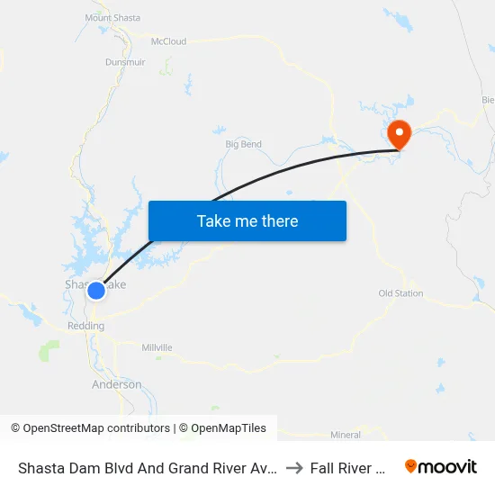 Shasta Dam Blvd And Grand River Ave (Ns) to Fall River Mills map