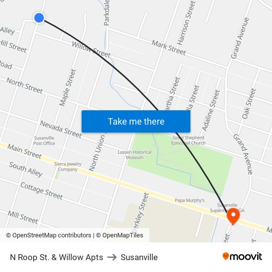 N Roop St. & Willow Apts to Susanville map