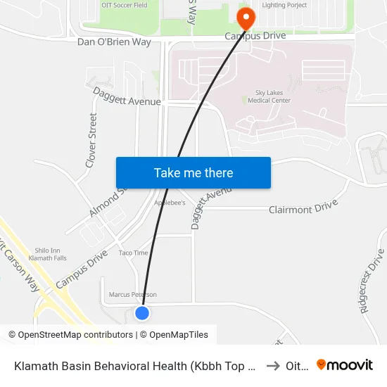 Klamath Basin Behavioral Health (Kbbh Top Parking Lot, 2220 Eldorado Ave) to Oit Sign map