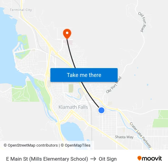 E Main St (Mills Elementary School) to Oit Sign map