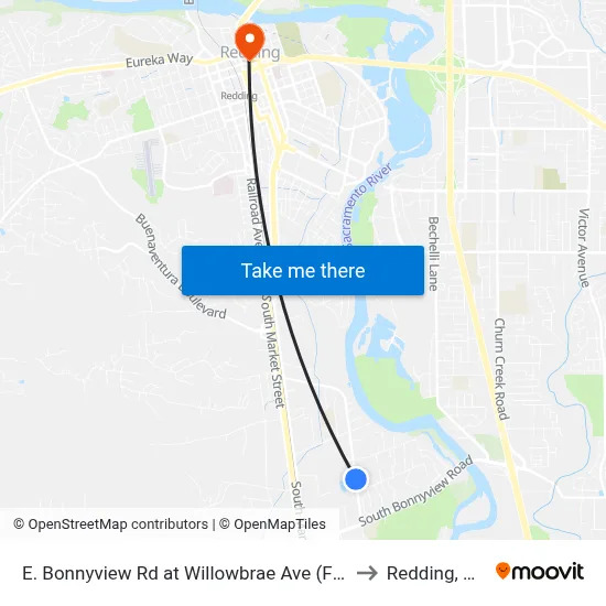 E. Bonnyview Rd at Willowbrae Ave (Fs) to Redding, CA map