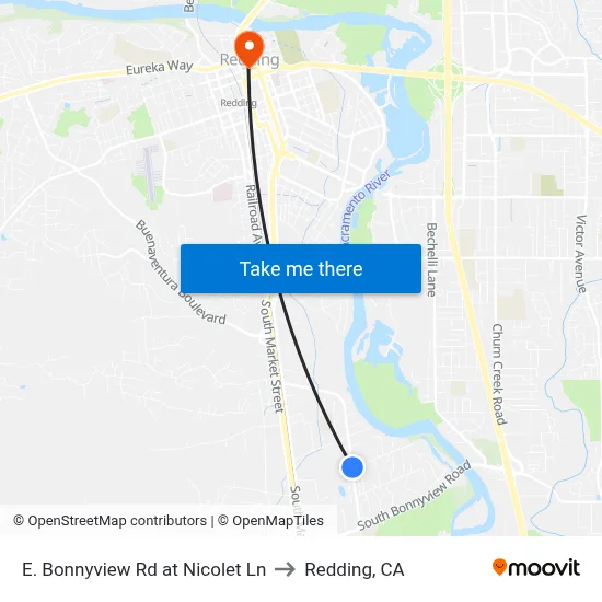 E. Bonnyview Rd at Nicolet Ln to Redding, CA map