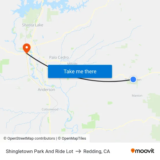 Shingletown Park And Ride Lot to Redding, CA map