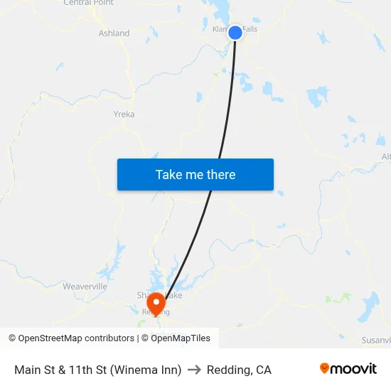 Main St & 11th St (Winema Inn) to Redding, CA map