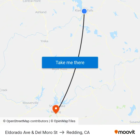 Eldorado Ave & Del Moro St to Redding, CA map