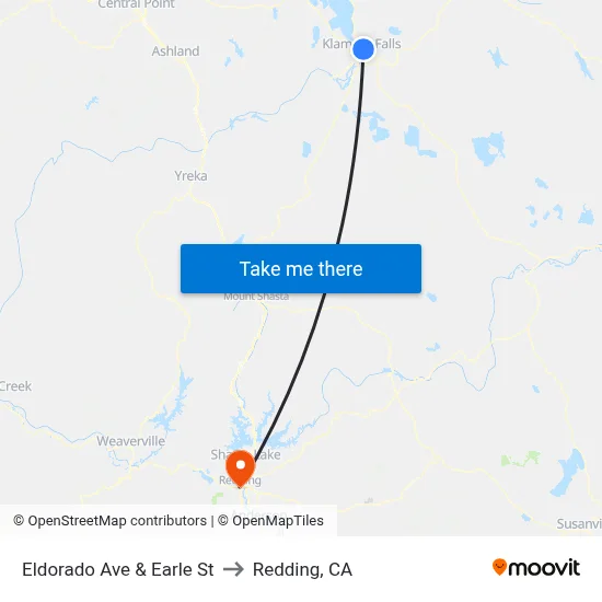 Eldorado Ave & Earle St to Redding, CA map