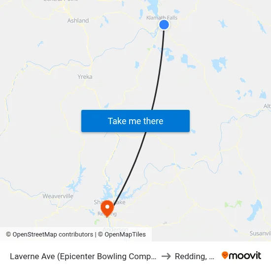 Laverne Ave (Epicenter Bowling Complex) to Redding, CA map