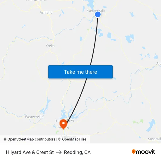 Hilyard Ave & Crest St to Redding, CA map