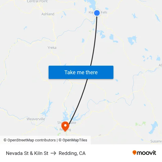 Nevada St & Kiln St to Redding, CA map