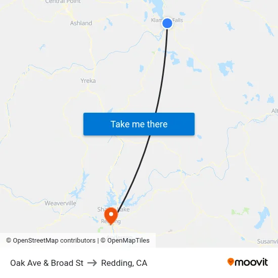 Oak Ave & Broad St to Redding, CA map