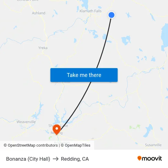 Bonanza (City Hall) to Redding, CA map