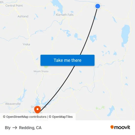 Bly to Redding, CA map
