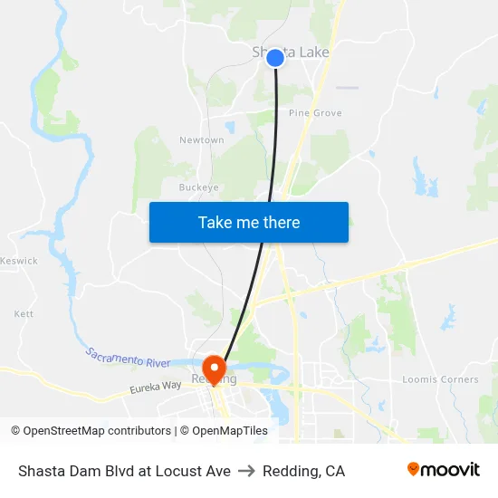 Shasta Dam Blvd at Locust Ave to Redding, CA map