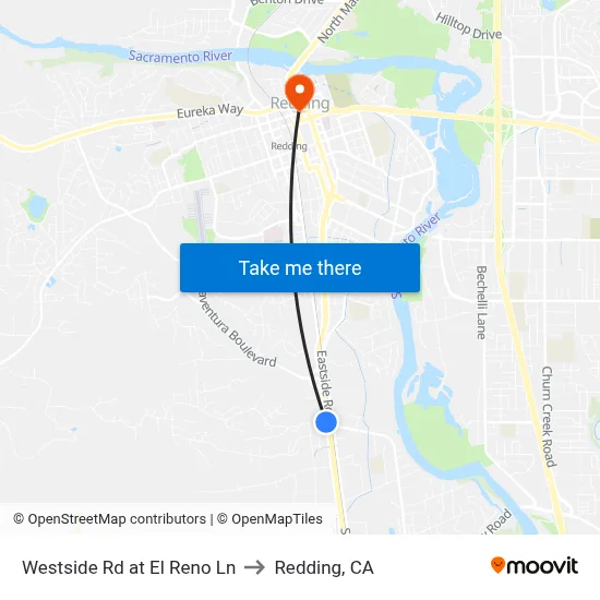 Westside Rd at El Reno Ln to Redding, CA map