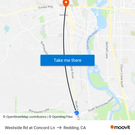 Westside Rd at Concord Ln to Redding, CA map