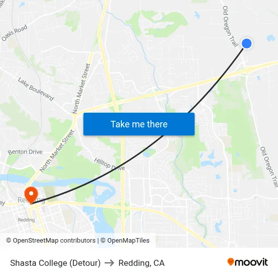 Shasta College (Detour) to Redding, CA map