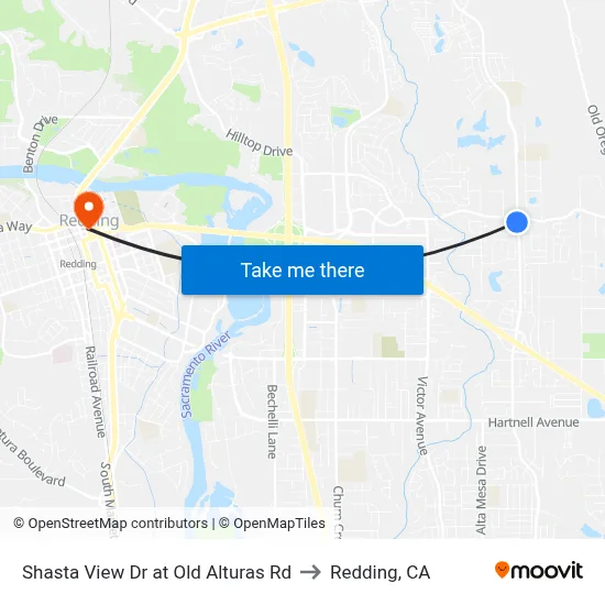 Shasta View Dr at Old Alturas Rd to Redding, CA map
