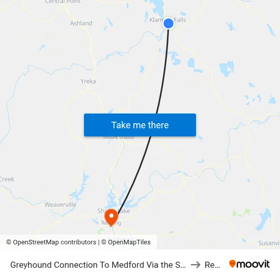 Greyhound Connection To Medford Via the Shuttle Klamath Falls + Amtrak Klamath Falls Rail Station (Kfs) to Redding, CA map