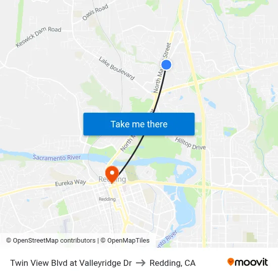 Twin View Blvd at Valleyridge Dr to Redding, CA map