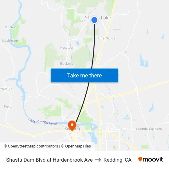 Shasta Dam Blvd at Hardenbrook Ave to Redding, CA map