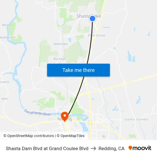 Shasta Dam Blvd at Grand Coulee Blvd to Redding, CA map