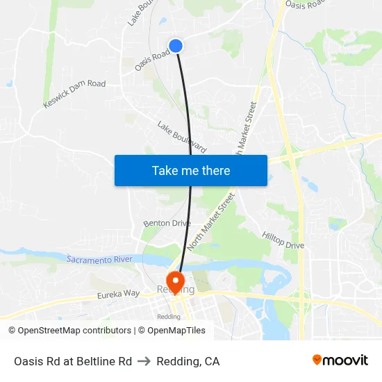 Oasis Rd at Beltline Rd to Redding, CA map
