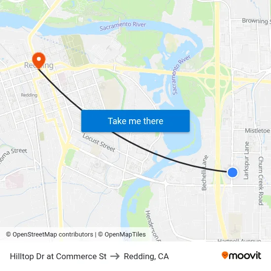 Hilltop Dr at Commerce St to Redding, CA map