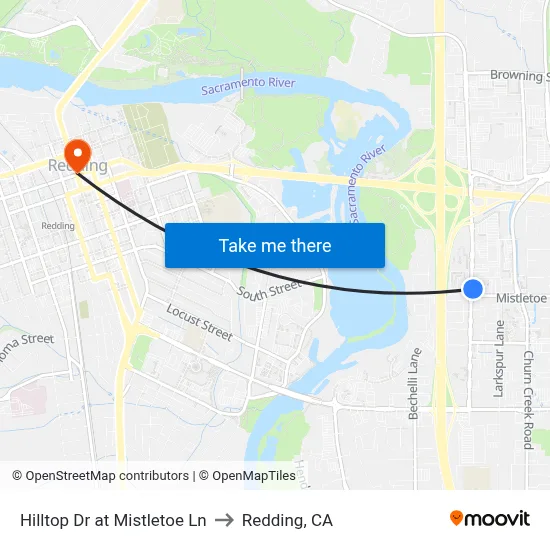 Hilltop Dr at Mistletoe Ln to Redding, CA map
