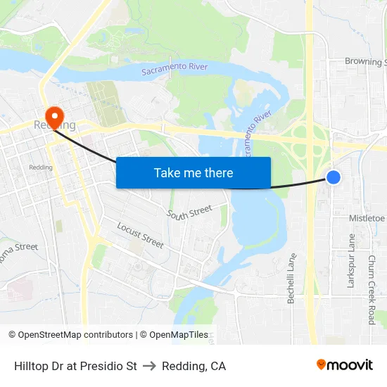 Hilltop Dr at Presidio St to Redding, CA map