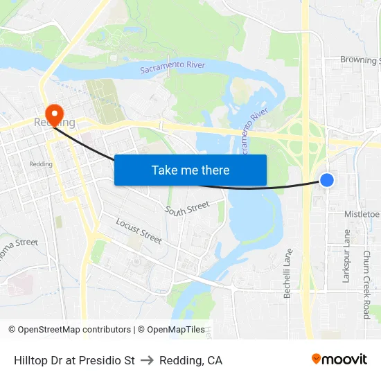 Hilltop Dr at Presidio St to Redding, CA map