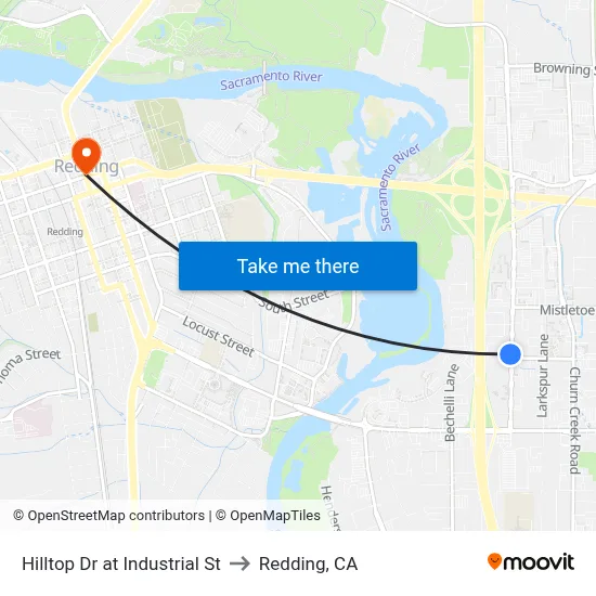 Hilltop Dr at Industrial St to Redding, CA map