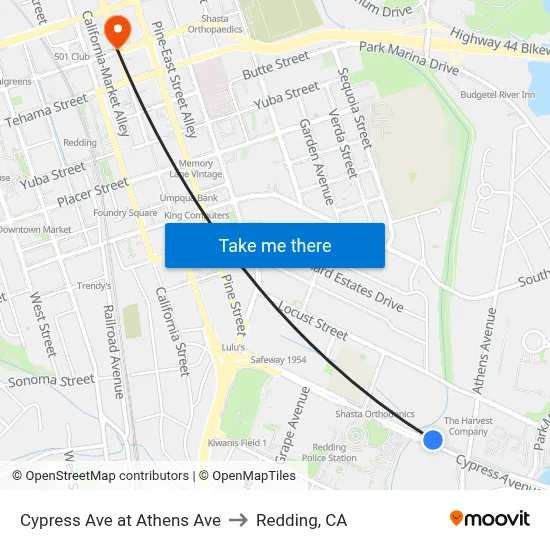 Cypress Ave at Athens Ave to Redding, CA map