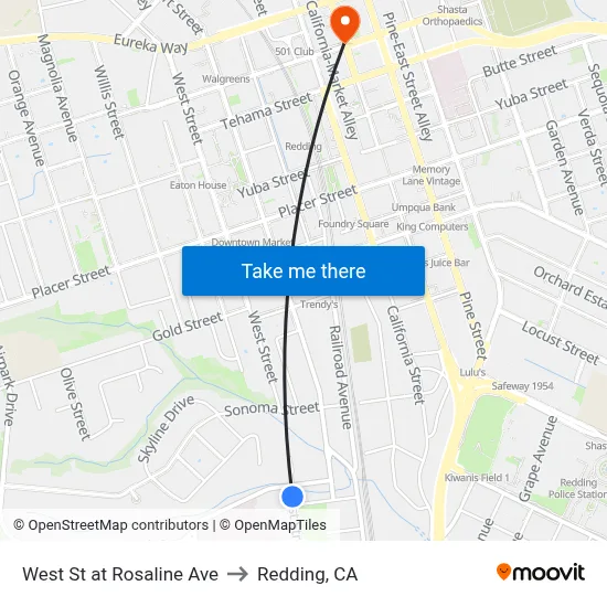 West St at Rosaline Ave to Redding, CA map