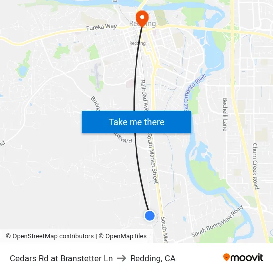 Cedars Rd at Branstetter Ln to Redding, CA map