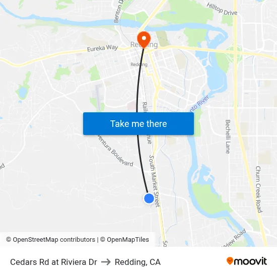 Cedars Rd at Riviera Dr to Redding, CA map