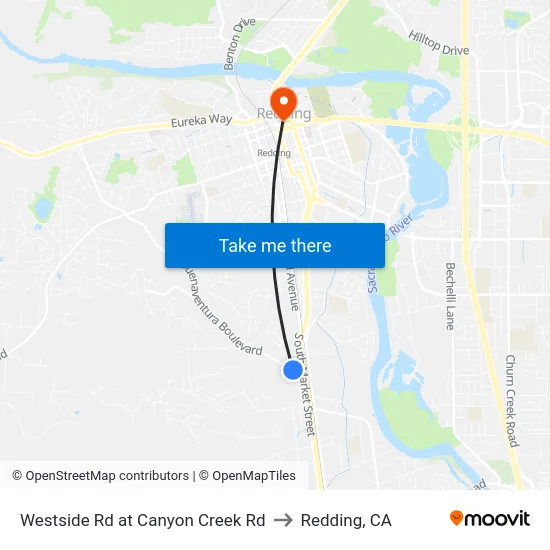 Westside Rd at Canyon Creek Rd to Redding, CA map