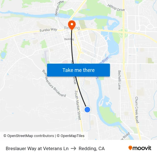 Breslauer Way at Veterans Ln to Redding, CA map
